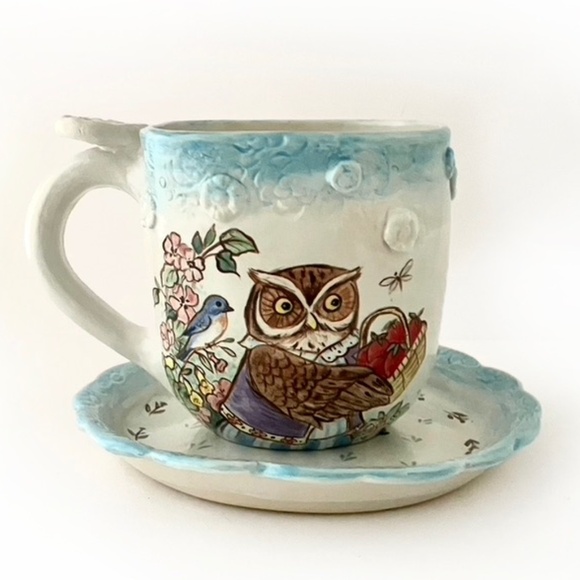 Folklorica Hand Painted Owl Tea Time Cup with Saucer by Artist Jean Cotton